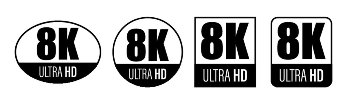 8K ULTRA HD icon. Vector 8K symbol of High Definition monitor display resolution standard. Black label