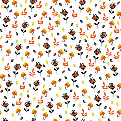 Autumn seamless pattern with tiny elements such as flower, leaves, branch, mushroom. Fall season background in cartoon style isolated on a white