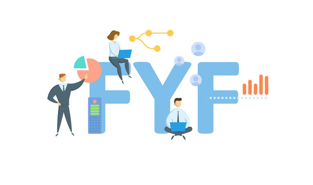 FYF, Full Year Forecast. Concept with keyword, people and icons. Flat vector illustration. Isolated on white.