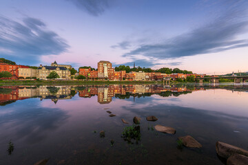Augusta, Maine, USA downtown skyline on the Kennebec River.