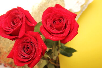 Obraz na płótnie Canvas Three red roses with water drops on them. Happy birthday card.