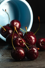 Cherries poured out of the cup against a dark background. Close-up.