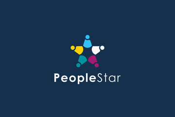 People and Star Logo. Colorful Five Star with Human Symbol Combination isolated on Blue Background. Flat Vector Logo Design Template Element for Business and Teamwork Logos.