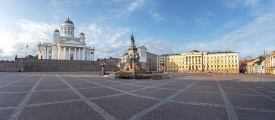 Panoramic view of Senate Square with Helsinki Cathedral, Government Palace and Statue of Alexander...