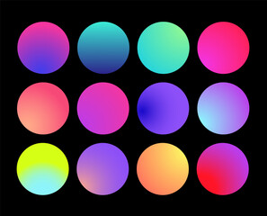Rounded holographic gradient sphere. Multicolor green purple yellow orange pink cyan fluid circle gradients, colorful soft round buttons or vivid color spheres flat set.