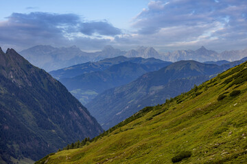 Fototapeta premium View from Grossglockner High Alpine Road in Austria over the mountains - travel photography