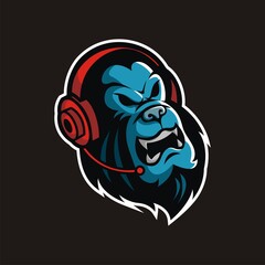 Gorilla head mascot wearing earphones.