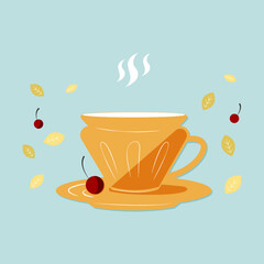 A cup of tea or coffee with leaves and cherries around