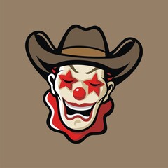 The clown head mascot wears a cowboy hat.
