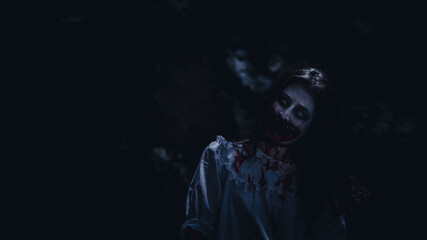 asian woman in white wedding dress make up ghost or zombie blood on  face, Horror genre with...