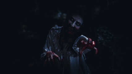 Fototapeta premium asian woman in white wedding dress make up ghost or zombie blood on face, Horror genre with background dark scene movie in the park at night