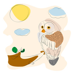 Banner cute owl on a branch. Template for t-shirts, cups. Gretting card to good morning. Invitation or happy birthday card. Place for text.