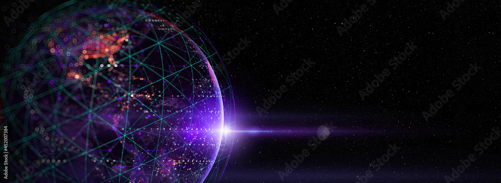 Aufkleber Communication technology for internet business. Global world network and telecommunication on earth cryptocurrency and blockchain and IoT. Elements of this image by NASA.blurred dept of field.