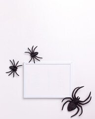 Flat lay of mockup template white frame and black horror spider on white background and copy space. Holiday autumn concept backdrop