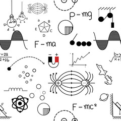 Hand drawn physic formulas Science knowledge education. Chem formula and physics , math formula and physics vector, white background, hand drawn line math formula and physics formula