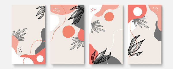 Social media story templates. For personal and business accounts. Floral wave geometric background instagram post template with leaves, lines, blobs elements