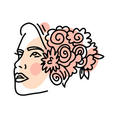 Isolated abstract female head with flowers in hair line drawing. Woman face with floral wreath vector line drawing.