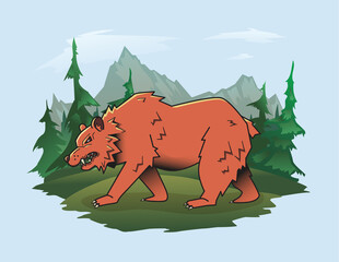 Bear on the background of a mountain landscape. Vector illustration.