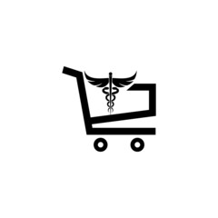 Shopping cart icon with pharmacy sign isolated on white background