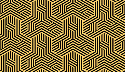 Abstract geometric pattern with stripes, lines. Seamless vector background. Gold and black ornament. Simple lattice graphic design