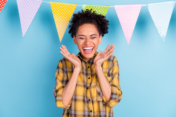 Photo of young cheerful afro girl happy positive smile surpise birthday party wow isolated over blue color background