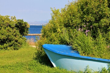 Barque fleurie et &eacute;tang