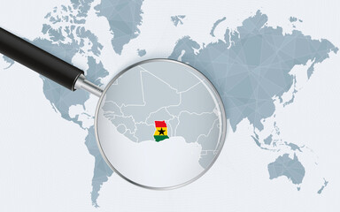 World map with a magnifying glass pointing at Ghana. Map of Ghana with the flag in the loop.