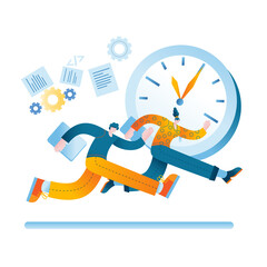 A man and a woman try to catch up with the clock. Concept of a vector illustration on the topic of time management.