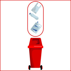 A red dumpster. Recycling of plastic waste with old items made of polyethylene and a garbage container. Vector illustration in a flat style. Garbage