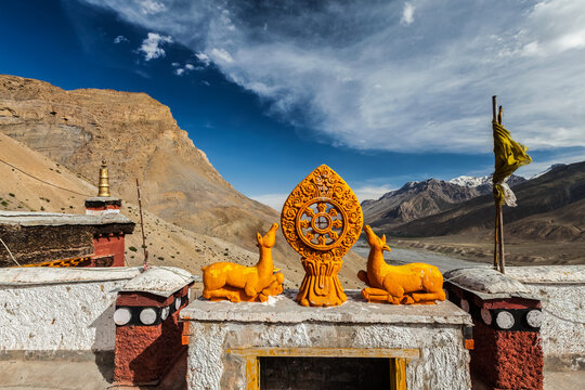 Dharmachakra Wheel of Life in Key gompa Tibetan Buddhist monastery . Spiti Valley, Himachal Pradesh, India