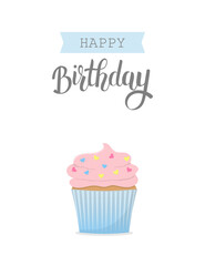 Birthday greeting card with colorful cupcake decorated with hearts. 