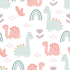 Fototapeta premium Cute dinosaur pattern - hand drawn childish dinosaur seamless pattern design. Vector illustration
