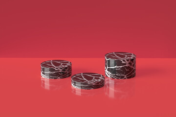 Black marble showcase product background stand or podium pedestal on red display with luxury backdrops. 3D rendering.