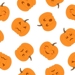 Seamless pattern of pumpkins with various emotions on white background.