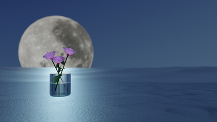A pink purple rose flower in a glass on a beach with full moon and sea in background (3D Rendering)