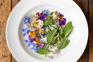 Edible flowers and herbs freshly picked from the garden
