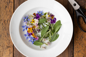 Edible flowers and herbs freshly picked from the garden