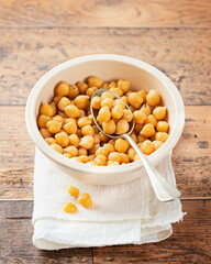 Cooked Chickpeas on a bowl wooden rustic background. copy Space, selective focus. Nutrition, Healthy, vegetarian food concept.