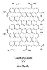 Graphene oxide, GO, edge-oxidized, chemical formula and structure. A nanomaterial, made by the oxidation of graphene. A single-atomic layered material, arranged in a two-dimensional honeycomb lattice. - obrazy, fototapety, plakaty
