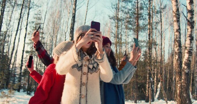 Camera moves around happy multiethnic friends, each taking individual selfie picture at sunny winter forest slow motion.
