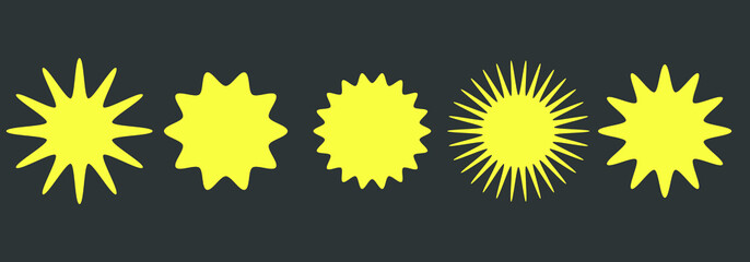 Sun icons set. Geometric elements collection. Sunburst stickers. Isolated abstract signs.