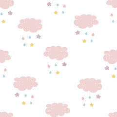 Cute Cloud Seamless Pattern Vector background cute lovely white cloud and stars Hand draw style