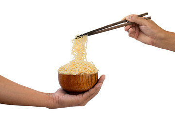 Chopsticks took out the noodles from the cup he held. on a white background