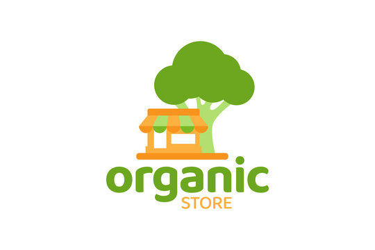 Organic store logo vector graphic with a shop and broccoli