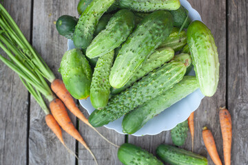 lots of fresh green cucumbers are in a bowl. The bowl stands on a wooden table and next to it lies a young carrot with tops