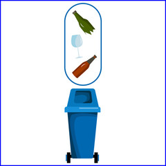 A blue dumpster. Recycling of glass. A dumpster. Separation of garbage. Vector illustration in a flat style. Garbage