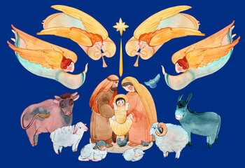 Christmas watercolor illustration of the Nativity scene: the newborn Jesus Christ, the Virgin Mary, Joseph surrounded by animals and angels singing, the star of Bethlehem. Christian Christmas Greeting