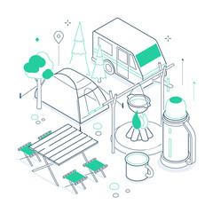Tourism - isometric black and green line illustration