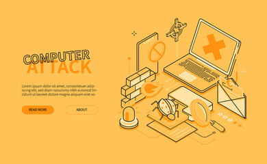 Computer attack - line design style isometric web banner