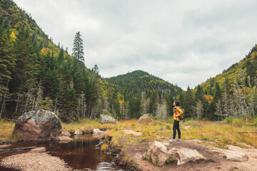 Obraz premium Travel hike forest nature hiker woman walking in canadian woods in fall autumn season, by beaver dam in Quebec National Park Parc de la Jacques Cartier, Canada destination.